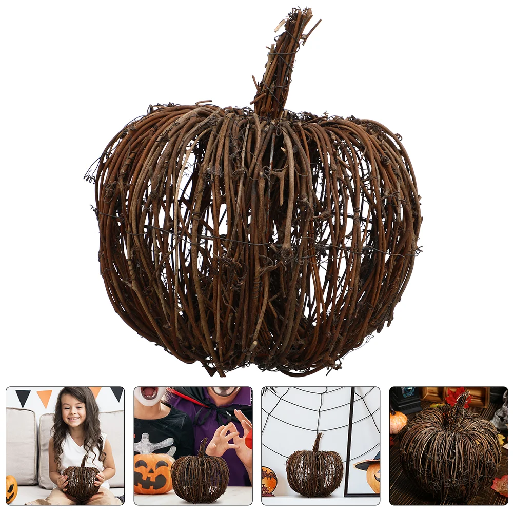 2 Pcs Simulation Rattan Pumpkin Halloween Decorations Statue Artificial Table Craft Iron Wire Layout