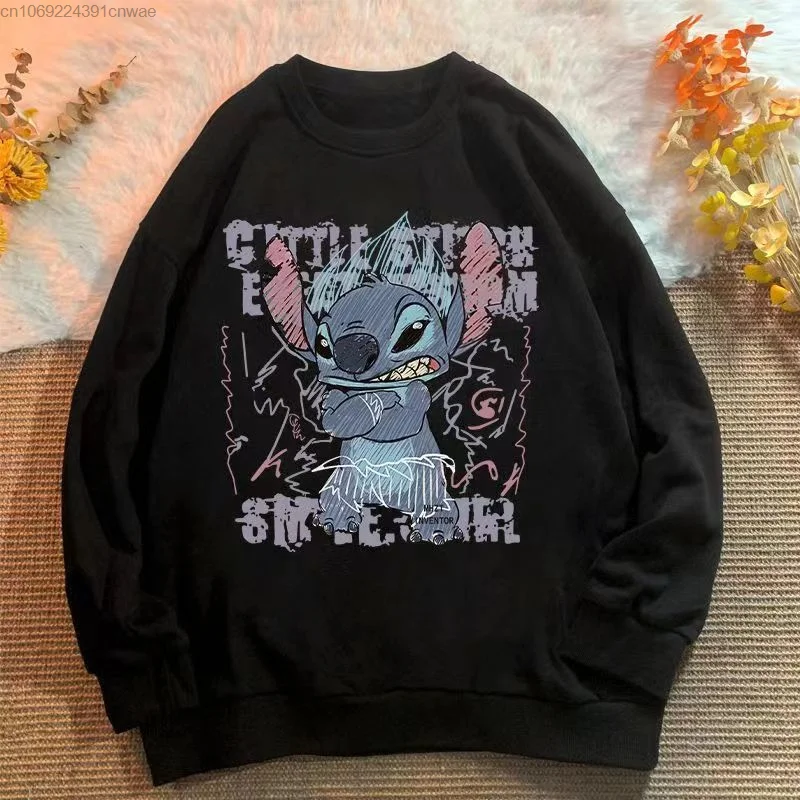 Disney Stitch Black Cotton New Round Neck Hoodie Men Women Hip Hop Long Sleeve Tops 2000s Aesthetic Youthful Woman Clothes Y2k