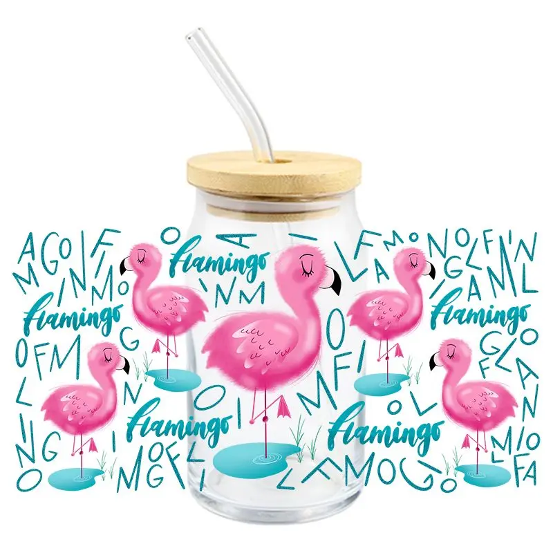 Cartoon Flamingo UV DTF Wrap Transfer Stickers Cute Prink Design DTF Wrap For Glasses Cups Mugs Wateproof Decal