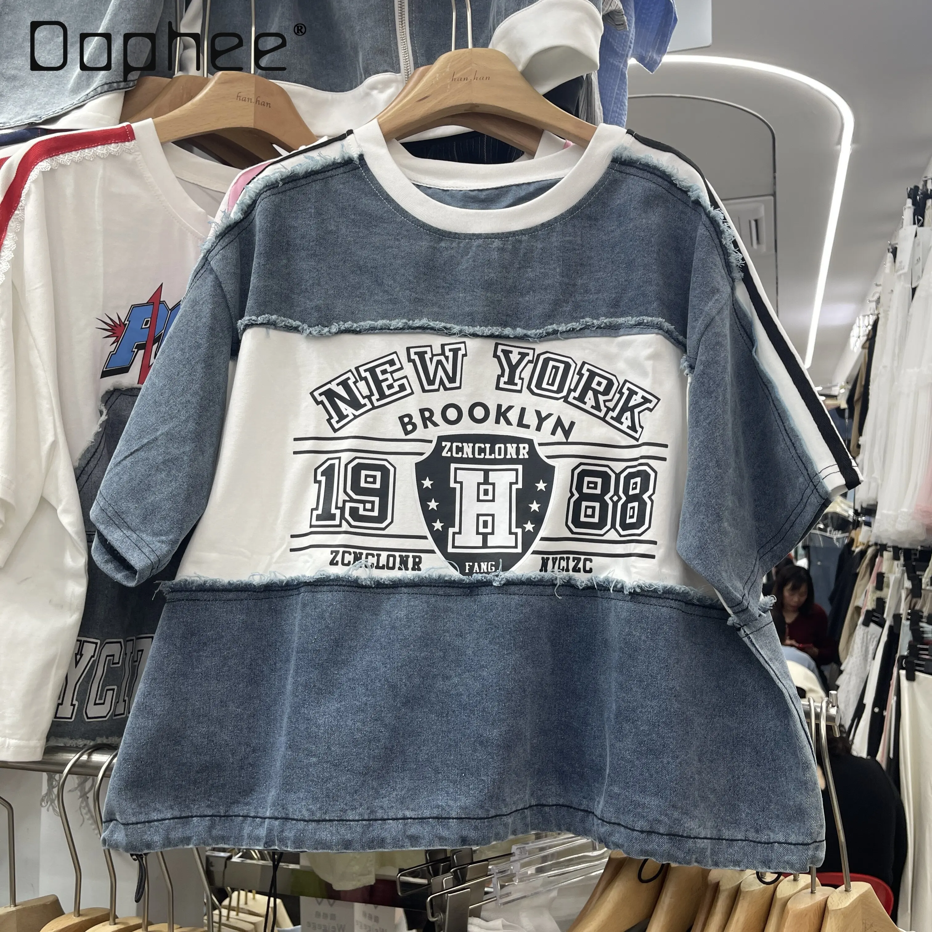 

European Denim T-shirt Women's 2026 Summer New Personalized Letter Printing Striped Loose Short Top
