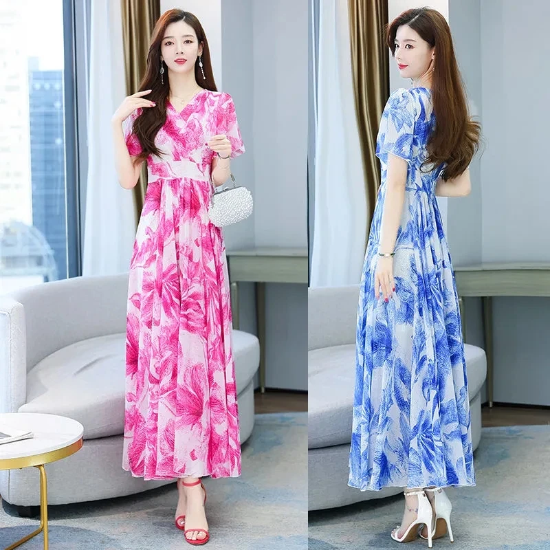 2024 neue Sommer rosa Chiffon Boho Frauen Kleid elegante Blumen Strand schick lässig V-Ausschnitt Mode lange Abschluss ball Bodycon Kleider