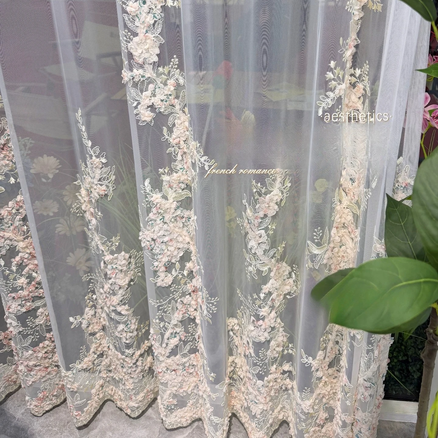 European Pink Embossed Embroidery 3D Floral Pearl  Luxury sheer Curtains for Living Dining Room Bedroom Window Decor White Tulle