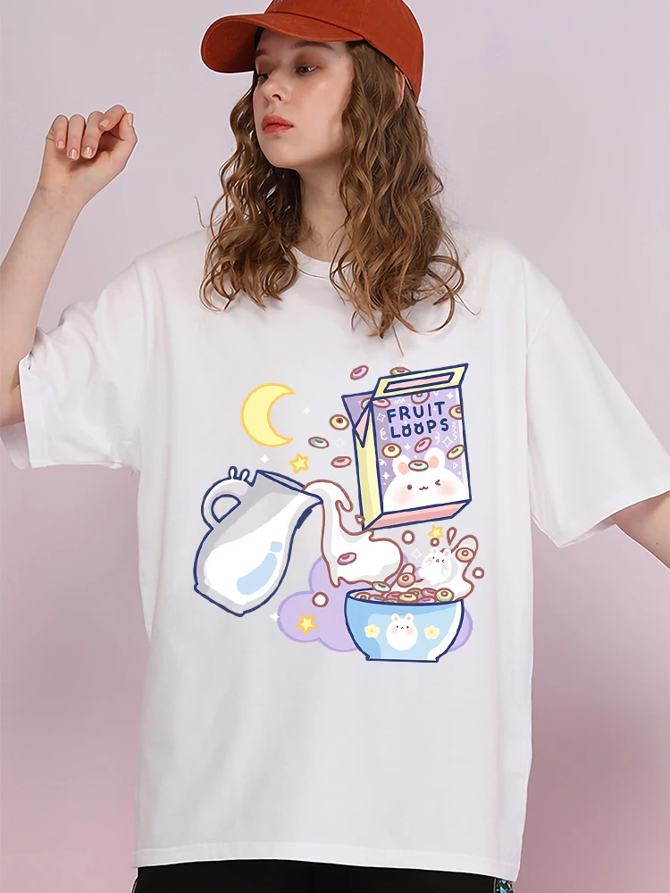 Vital Breakfast Fruit Loops White Milk Women T Shirts Fashion 100% Cotton Shirt Harajuku Loose T-Shirt Summer Breathable Clothes