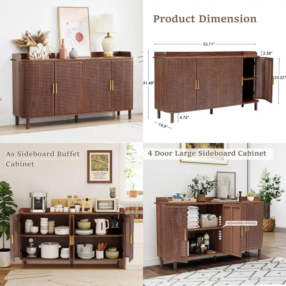 4-door wooden storage cabinet with adjustable shelves and curved iron sideboards