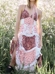 V-Neck Loose Fit Patchwork Loungewear Dress, Women Summer Sleeveless Printing Elegant Party Dress, Simple Vintage Ladies Dress