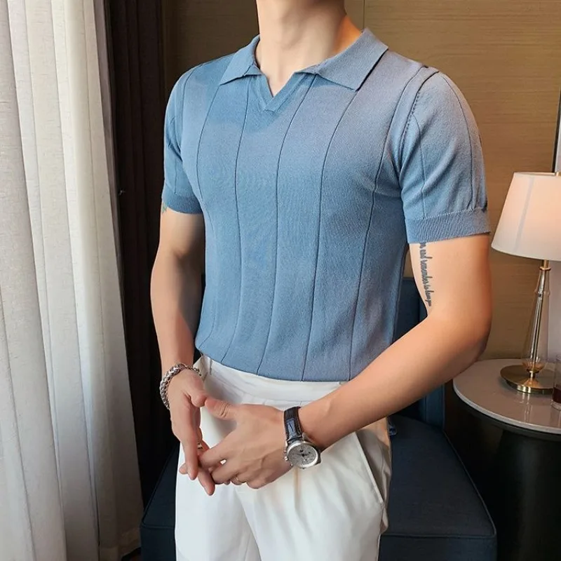 Luxury Brand British V-neck Polo Shirt Men Summer Short Sleeve Knitted T-shirt Business Casual Slim Tees Lapel Solid Color Polos
