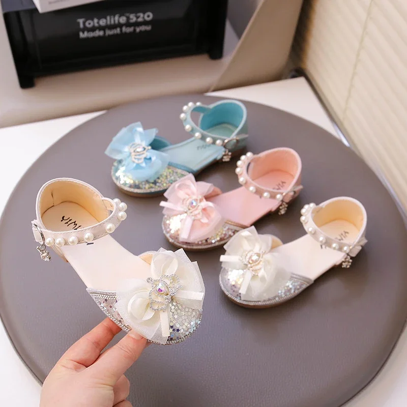Girls Princess Shoes Shiny Sequins Kids Half Sandals Mesh Lace Bows Sweet 2025 Summer New Children Dance Shoes Party Wedding