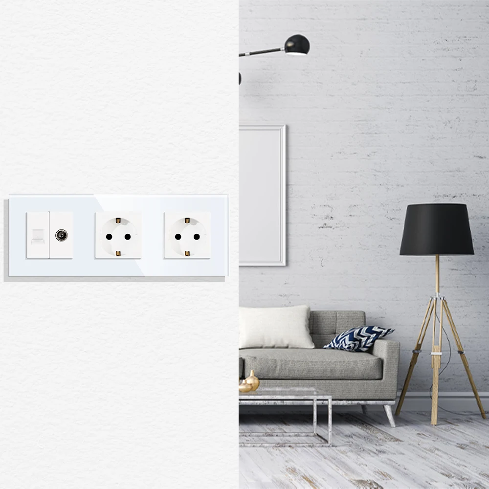 Bingoelec TV Computer Internet With EU Russia Standard Sockets Double Wall Plug Crystal Glass Panel Home Improvement