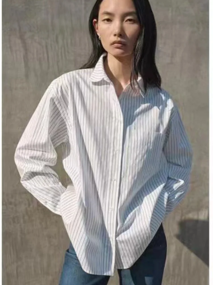 

Women 2024 Early Autumn New Style Pima Cotton Yarn-dyed Striped Stitching Slim Paper Man Shirt