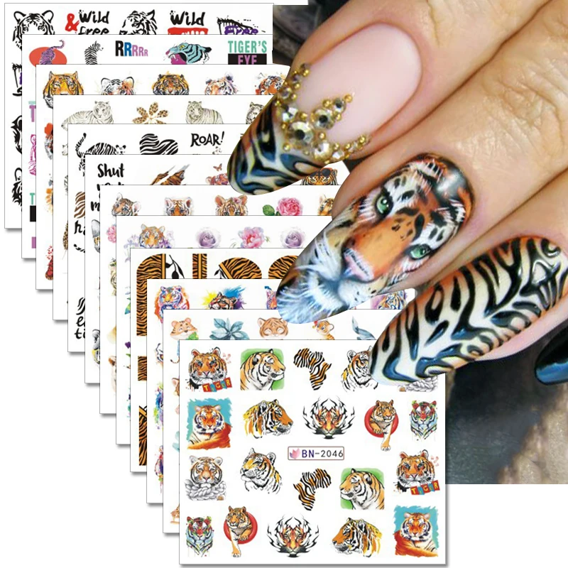 

12Pcs Tiger Nail Art Sticker Fox Leopard Zebra Pattern Nail Decals Water Transfer Foils Sliders Decorations for Manicure