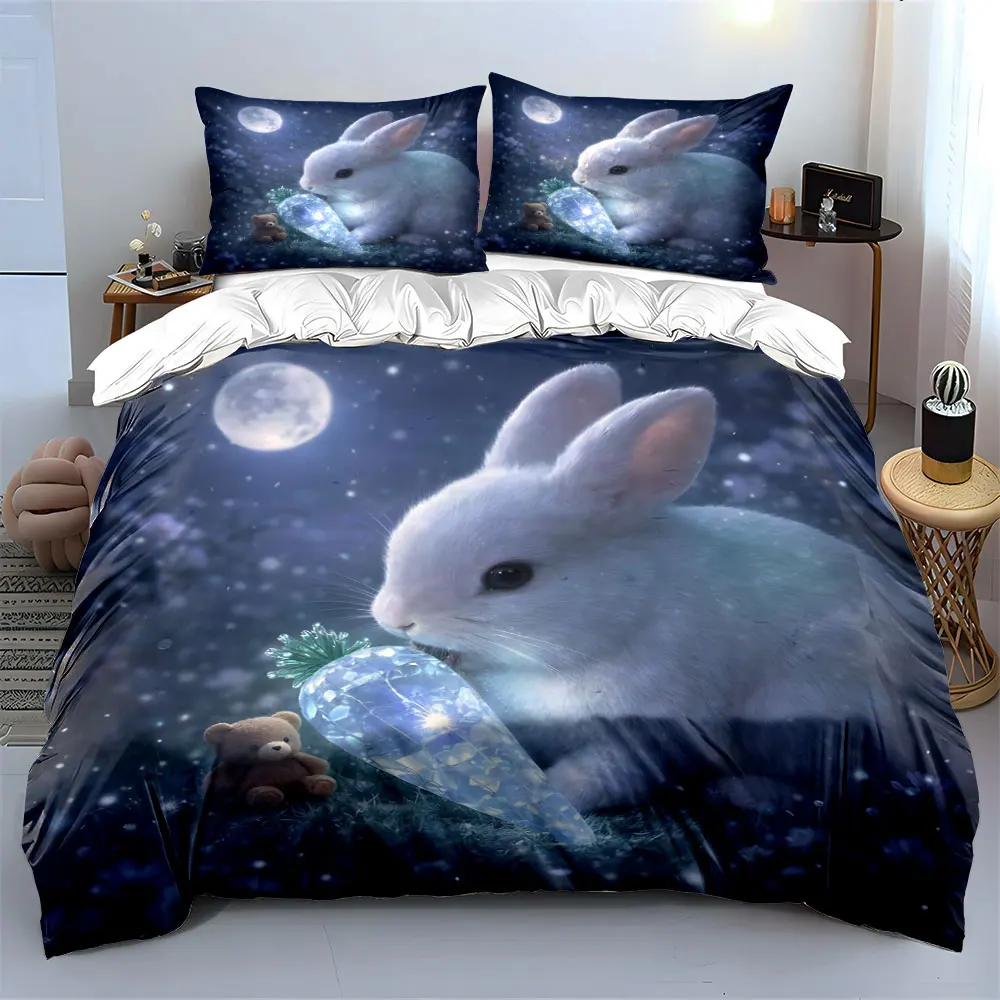 Rabbit with Crystal Carrot Under Moonlight Duvet Cover Set with 3D Printing Design Soft Polyester Bedding Set All-Season Comfort