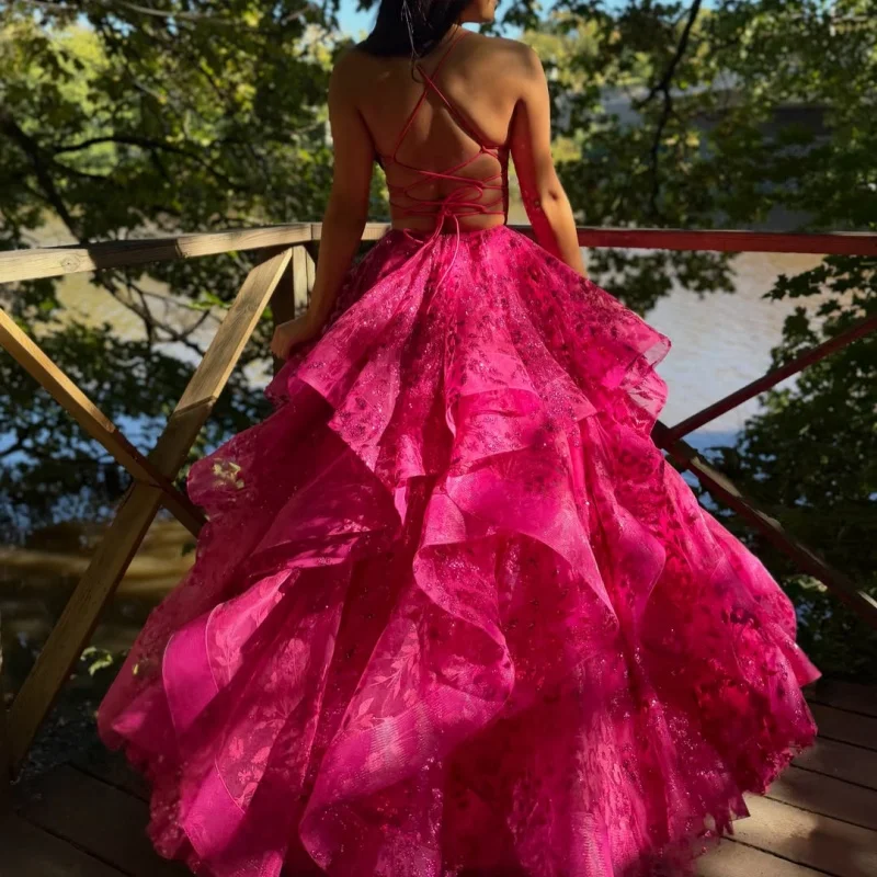 Shiny Rose Red Women's Dresses for Party Robe Prom Gown Turkish Sequin Beadwork Decal Evening Gowns Glitter Long Suitable Reques