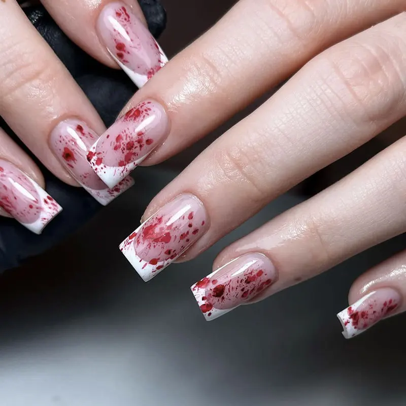 24Pcs Halloween Press on Nails Mid-length Square Head False Nails With Red Blood Design Wearable White French Fake Nail Tips