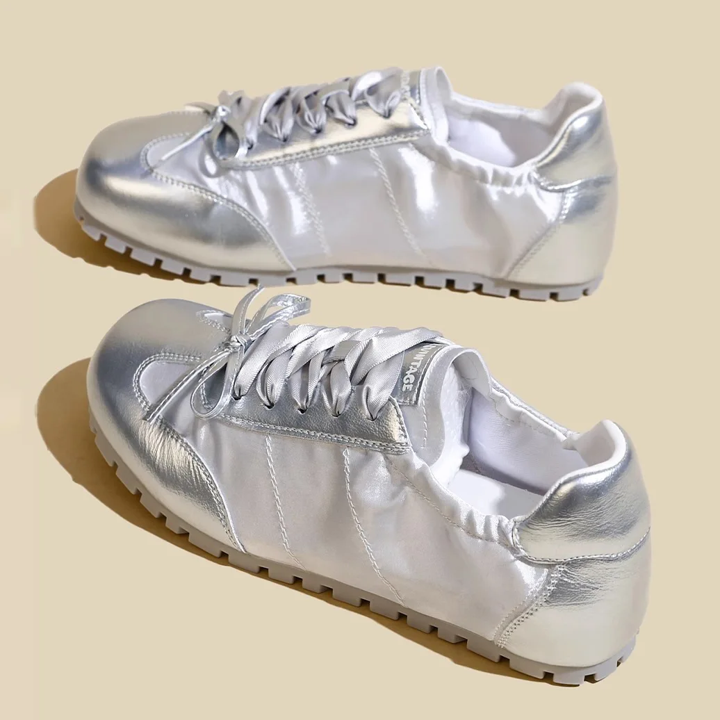 

Flat Satin Shoes for Women Spring New Retro Leisure Breathable Lace Up Sneakers Korean Style Round Head Solid Color Footwear