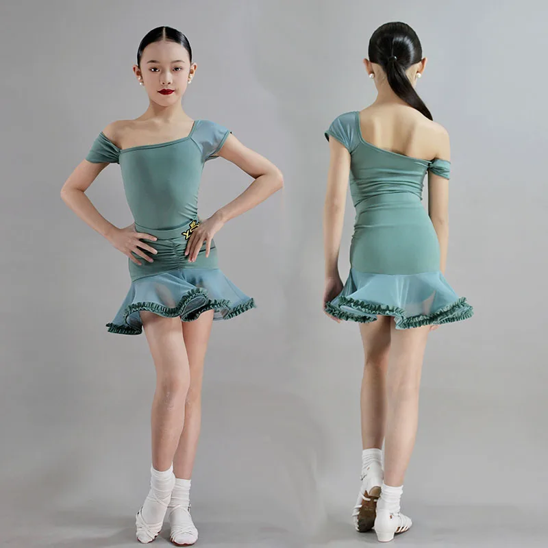 

New Latin Dance Clothes Kid's Waltz Practice Suit Green One Shoulder Mesh Sleeve Skirt Ballroom Dance Performance Suit XH576