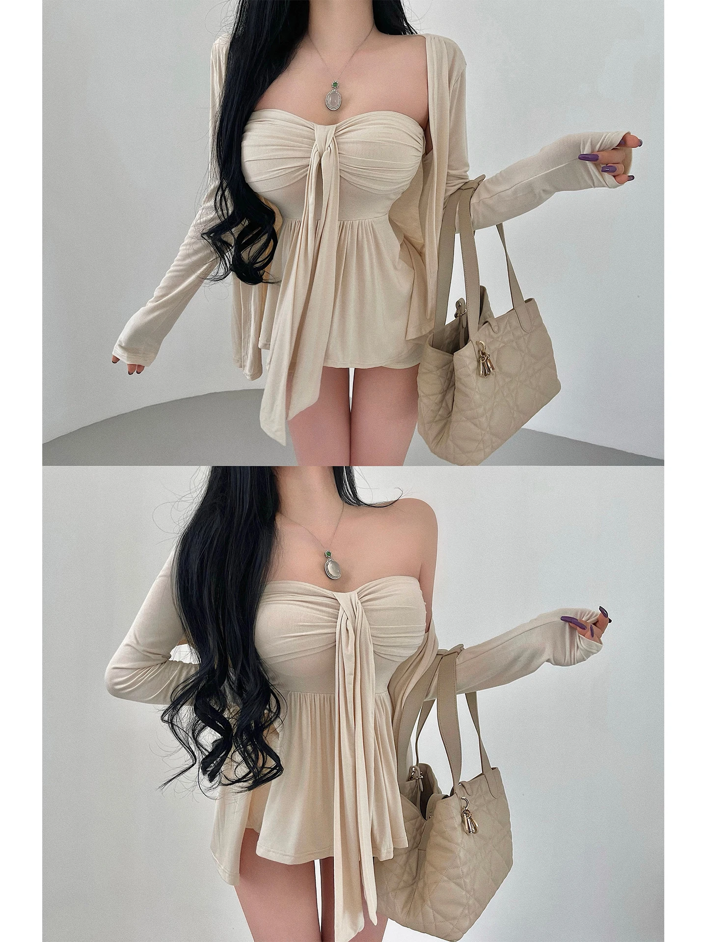 Sexy Pure Desire Style Long Sleeve Wrap Vest Set with Chest Pad Tassel Trim Pleated Hem for Young Girls Autumn Fashion