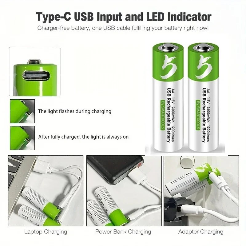 

Rechargeable Batteries Li-ion USB Type-C for Mouse Clock Toy Remote Shaver Thermometer/1.5V AA 2600mWh/ AAA 750mWh