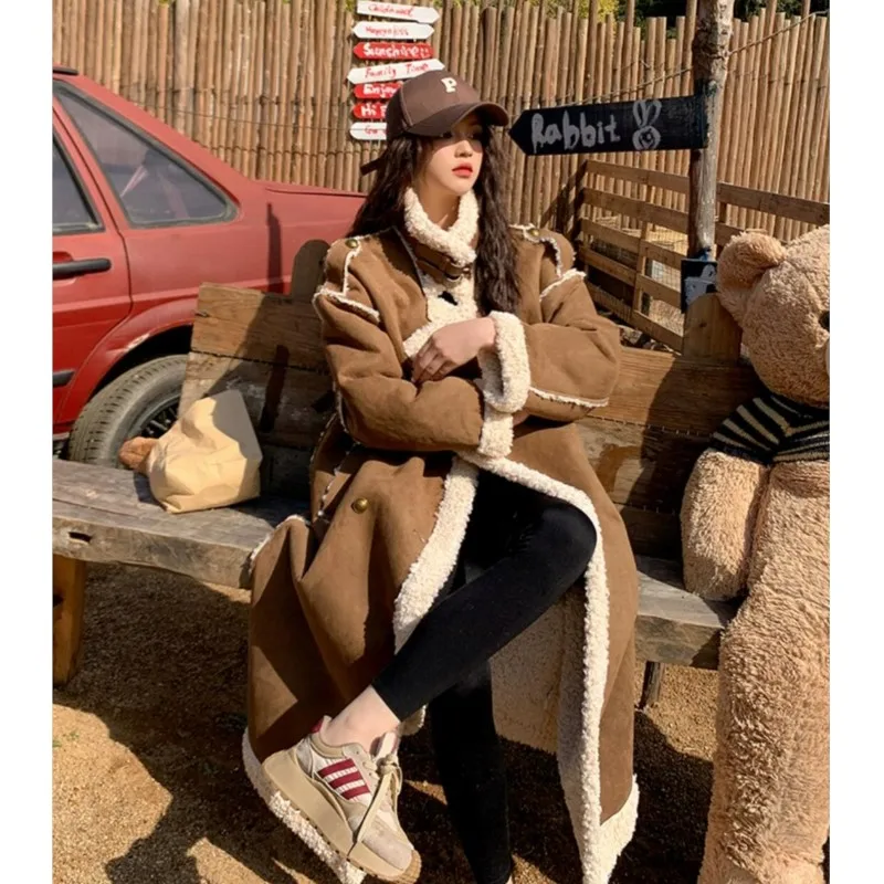 Winter Vintage Suede Lamb Double-faced Fur Coat Brown Women Stand Collar Full Sleeve Below Knee Furry Warm Long Jacket Outerwear