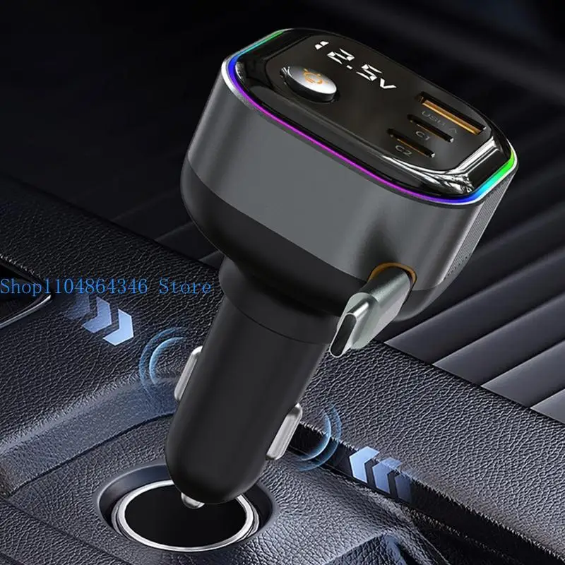 652F Automotive Car PD65W Output Retractable Cable 2 USB C Port Real Voltages LED Display Ambients Breathing Light