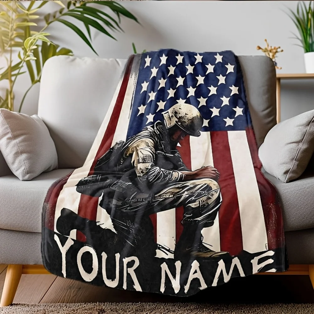 Custom name American soldier flannel blanket, suitable for sofa, bed, birthday, military enthusiasts, comrades, soldiers, gifts