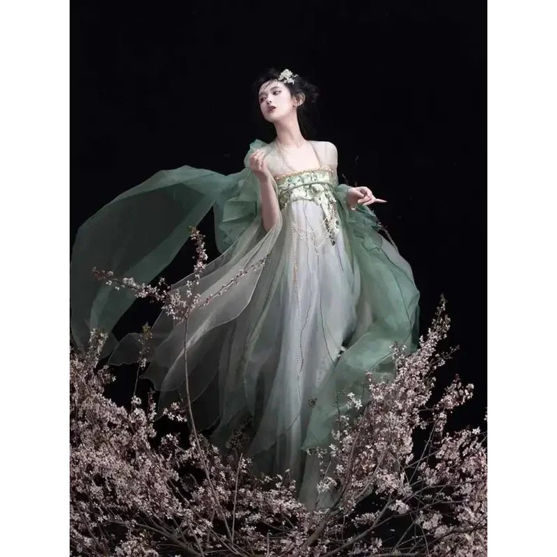 

Hanfu Female Women Tang System Petal Sleeves Piaopian Skirt Thin Cloak Cos Cosplay Green Petal Top Shirt Draped In Silk Cloak