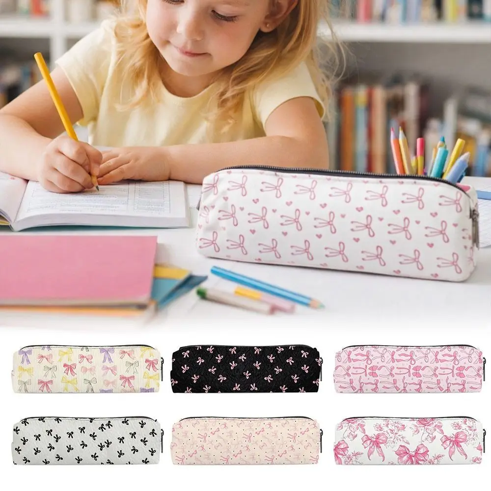 New Single-Layer Bowknot Pen Bag Zipper Closure Portable Pencil Pouch Pencil Case School Office