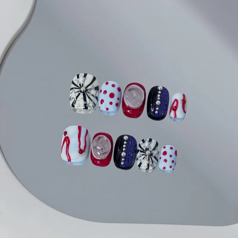 

10PCS Punk Style Short Square Handmade Press on Nails Red Polka Dots Metallic Silver Star Fake Nails Sweet Cool Blue False Nails