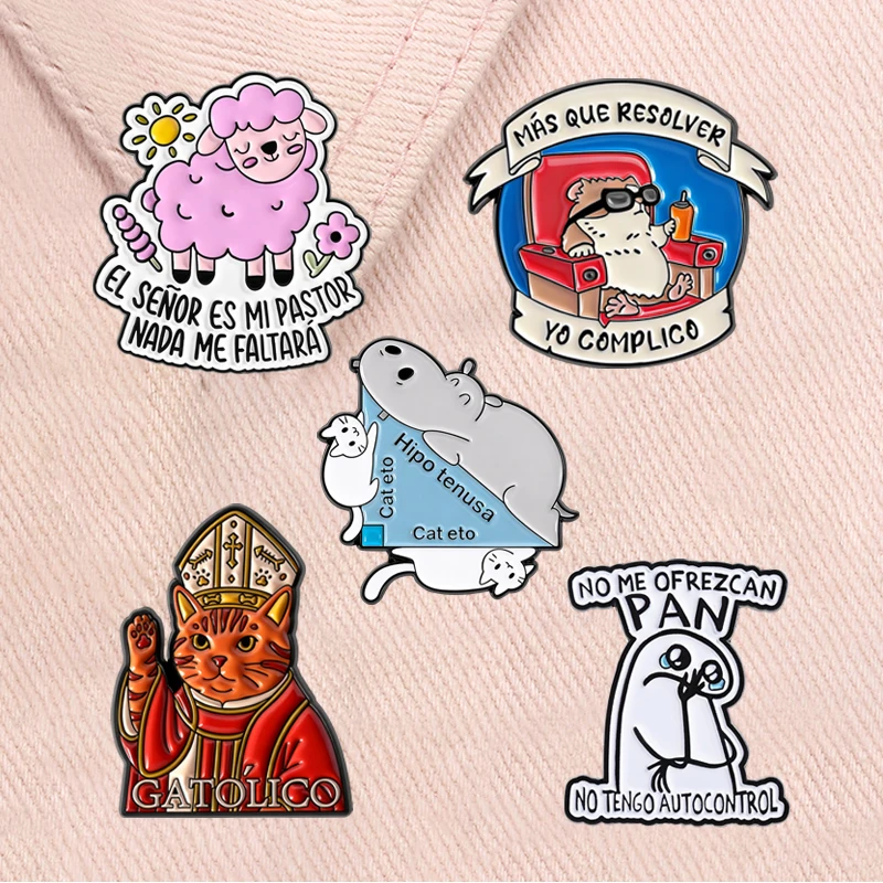 Spanish Animal Enamel Pins Holy Father Cat Pontiff Shepherd Hipo Triangle Edge Cartoon Hamster Brooches Lapel Badge Jewelry Gift