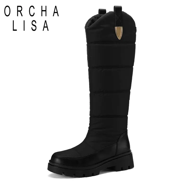 ORCHALISA 2024 nuovi stivali da neve invernali per donna punta tonda tacchi spessi 5cm Slip On Warm Winter Knee Bota Big Size 42 43 44