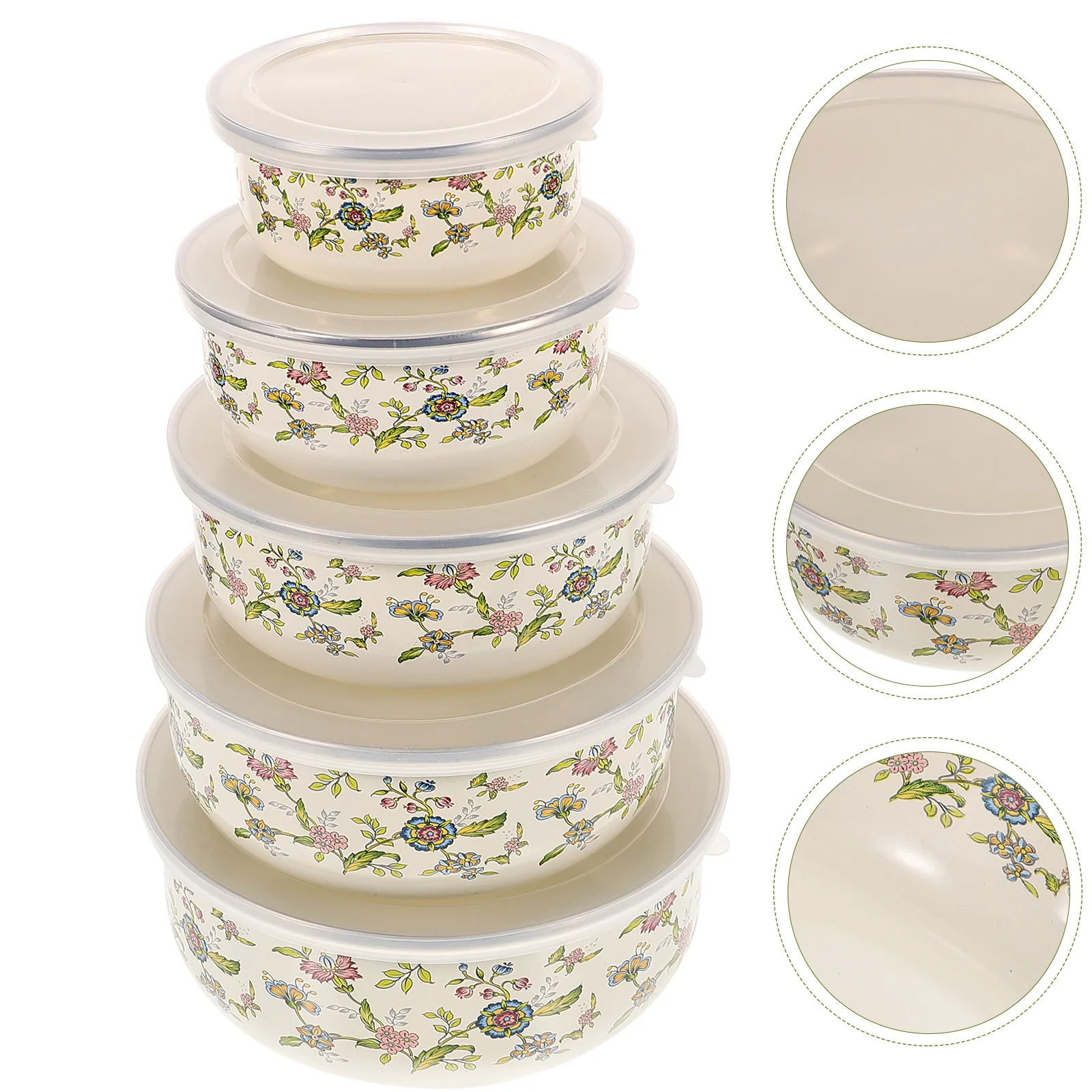 

Thick Bottom Enamel Bowls 5pcs Set with Lids for Mixing Salad Serving Storage Kitchen Home Fresh Keeping Dinnerware