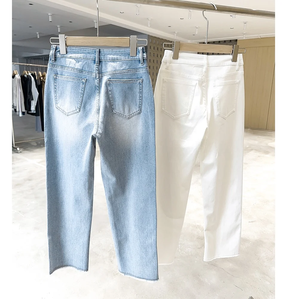 

Джинсы Mimifa с высокой талией и прямыми штанинами, эластичные, износостойкие, универсальные брюки с несколькими карманами и высокой талией для женщин