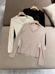 Exquisitely decorated V-neck 100% wool long sleeved solid color basic jersey blouse