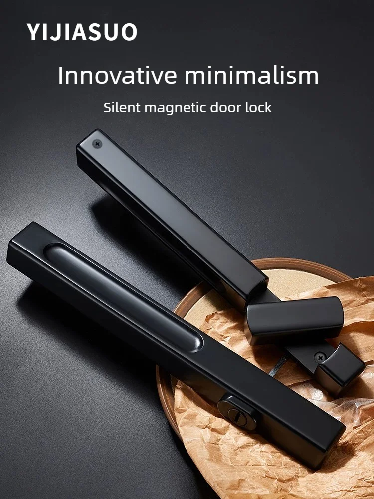 Minimalist Silent Magnetic Sliding Door Lock, Black Ultra-Slim Double-Sided Push, Indoor Bedroom Door Lock Magnetic Door Lock