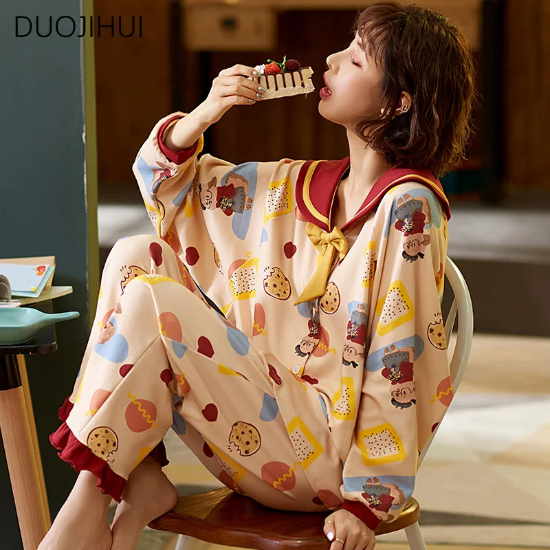 DUOJIHUI Fashion Bow Two Piece Casual Home Pajamas for Women New Sweet Print Cardigan Loose Simple Pant Winter Female Sleepwear