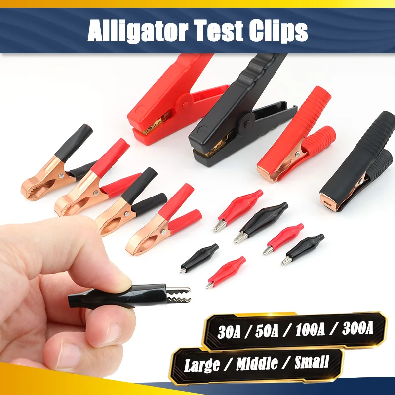 Crocodile Clip Set Black Red 30A-300A 28/35/45mm Electrical Clamps Test Probe Meter Plastic Alligator Test Clips