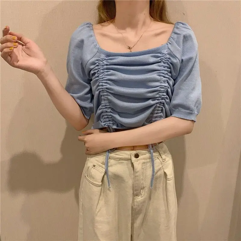 Summer New Drawstring Pleated Short Tops Short Sleeve Solid Color Loose All-match Sexy T Shirts Sweet Fashion Women Clothing