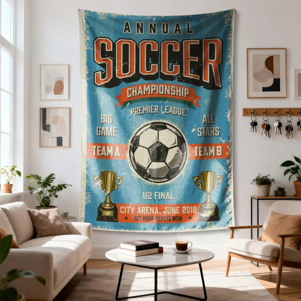 Retro Soccer Championship Tapestry, Vintage Football Poster Wall Hanging for Bedroom Dorm Decor, Sports Art Gift