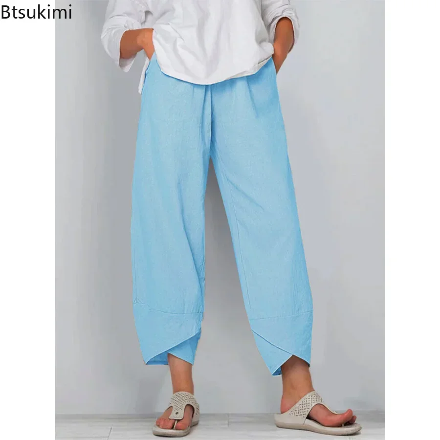 2024 Women\'s Summer Casual Cotton Linen Pants Vintage Loose Harem Pants Floral Printed Elastic Waist Wide Leg Pants Female S-5XL