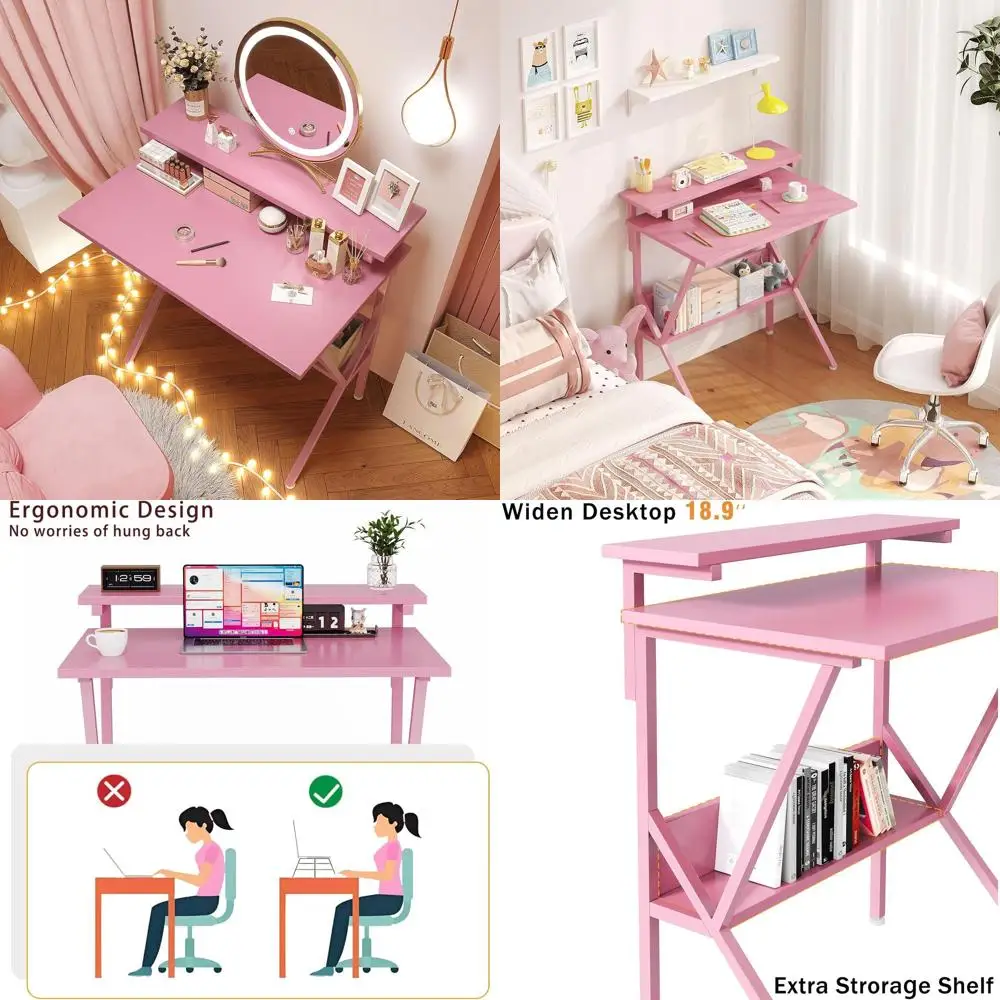 

Compact 27.5 Pink Desk with Adjustable Monitor Stand and Storage for Home Office and Bedroom
