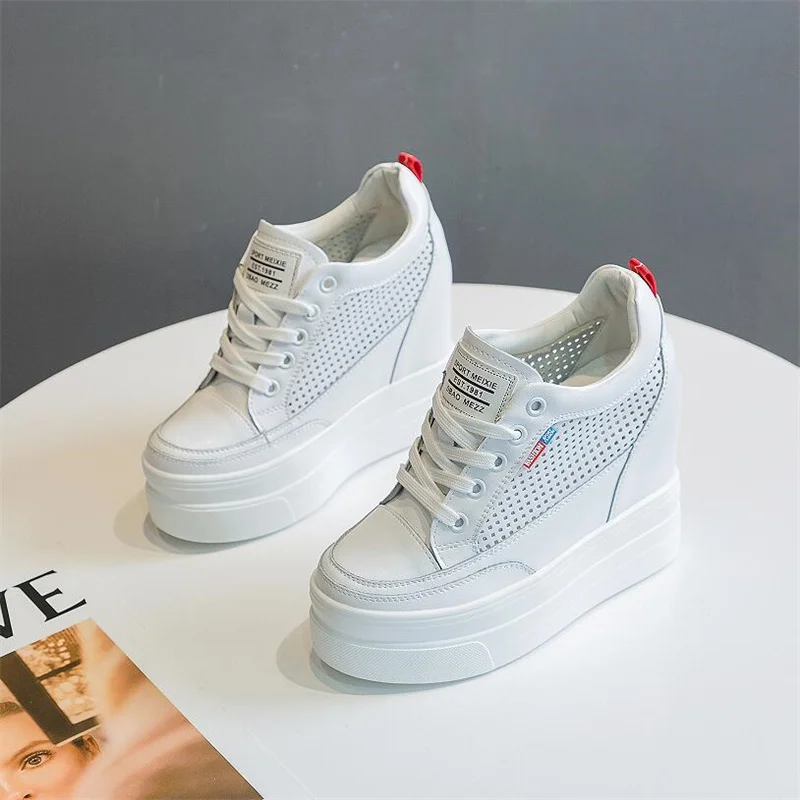 11cm Genuine Leather Platform Wedge Sneakers White Shoes Summer Women New Fashion Sneakers Hidden Heel Shoes Spring Autumn Pumps