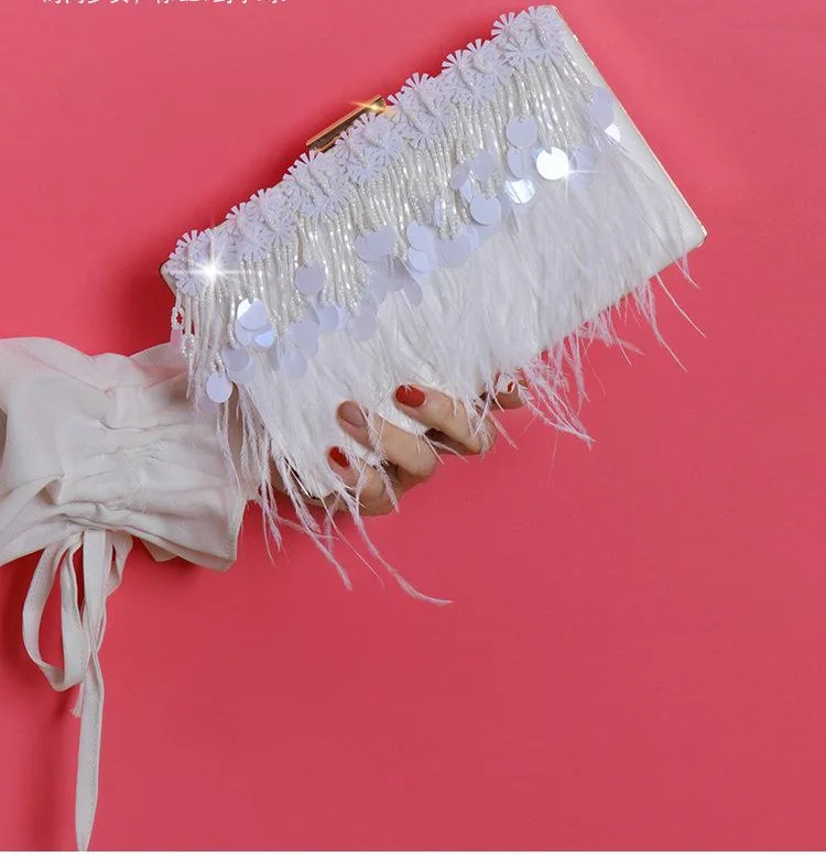 2023 New Feather Down Evening Bag Lady Sweet Tassel Chain Small Square Purse Single Shoulder Crossbody Clutch Bag Wholesale Sac