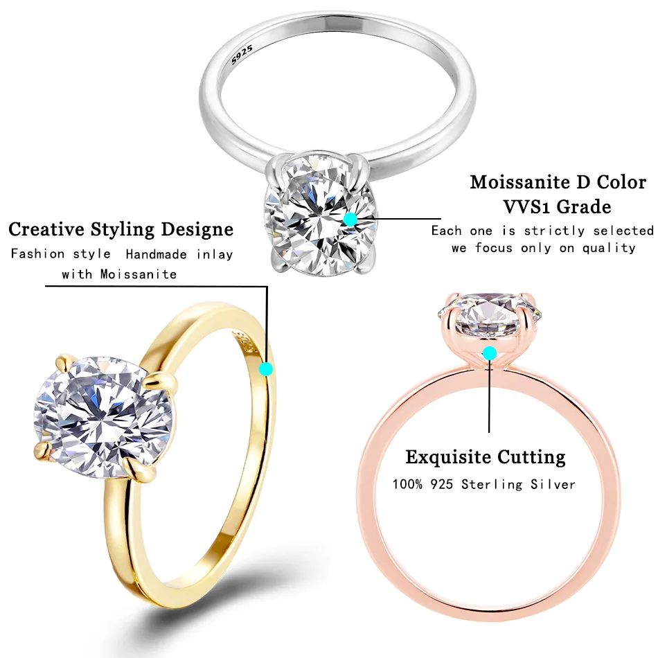 SHSTONE 3ct Oval D Color Moissanite Rings for Women Fine Jewelry with GRA s925 Sterling Sliver Rose Gold/White Gold Diamond Ring