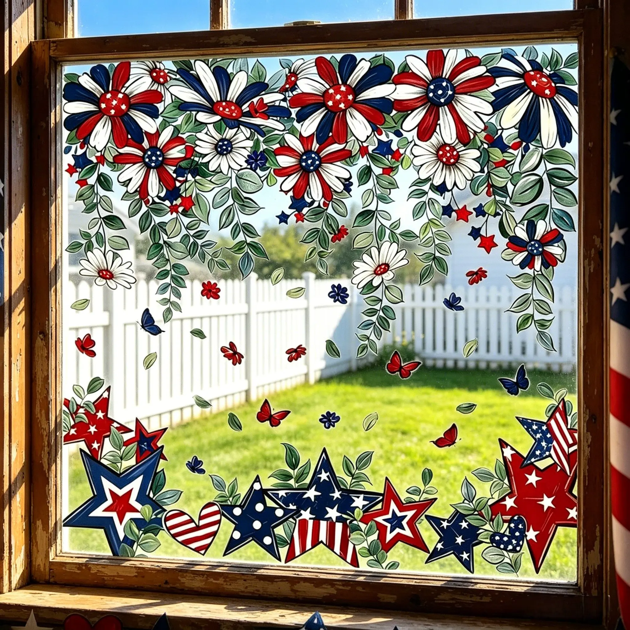 8 Patriotic Flower Window Clings Made from Waterproof PVC for Long Term Reuse on Smooth Glass and Mirror Surfaces