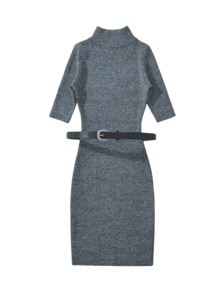 Pure Desire Queen Tight Small High Collar Short Sleeve Knitted Hip Hugging Dress Elegant Short Skirt With Belt Fashion Women BT8