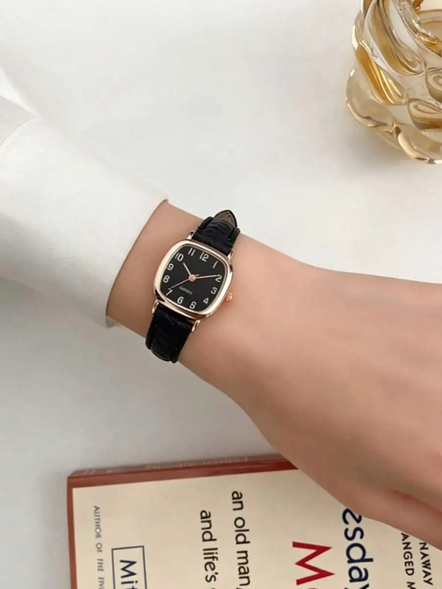 5pcs/3pcs/1pc Women's Vintage Square Watch Set, Rose Gold & Silver Case With Brown & Black Leather Strap, Black & White