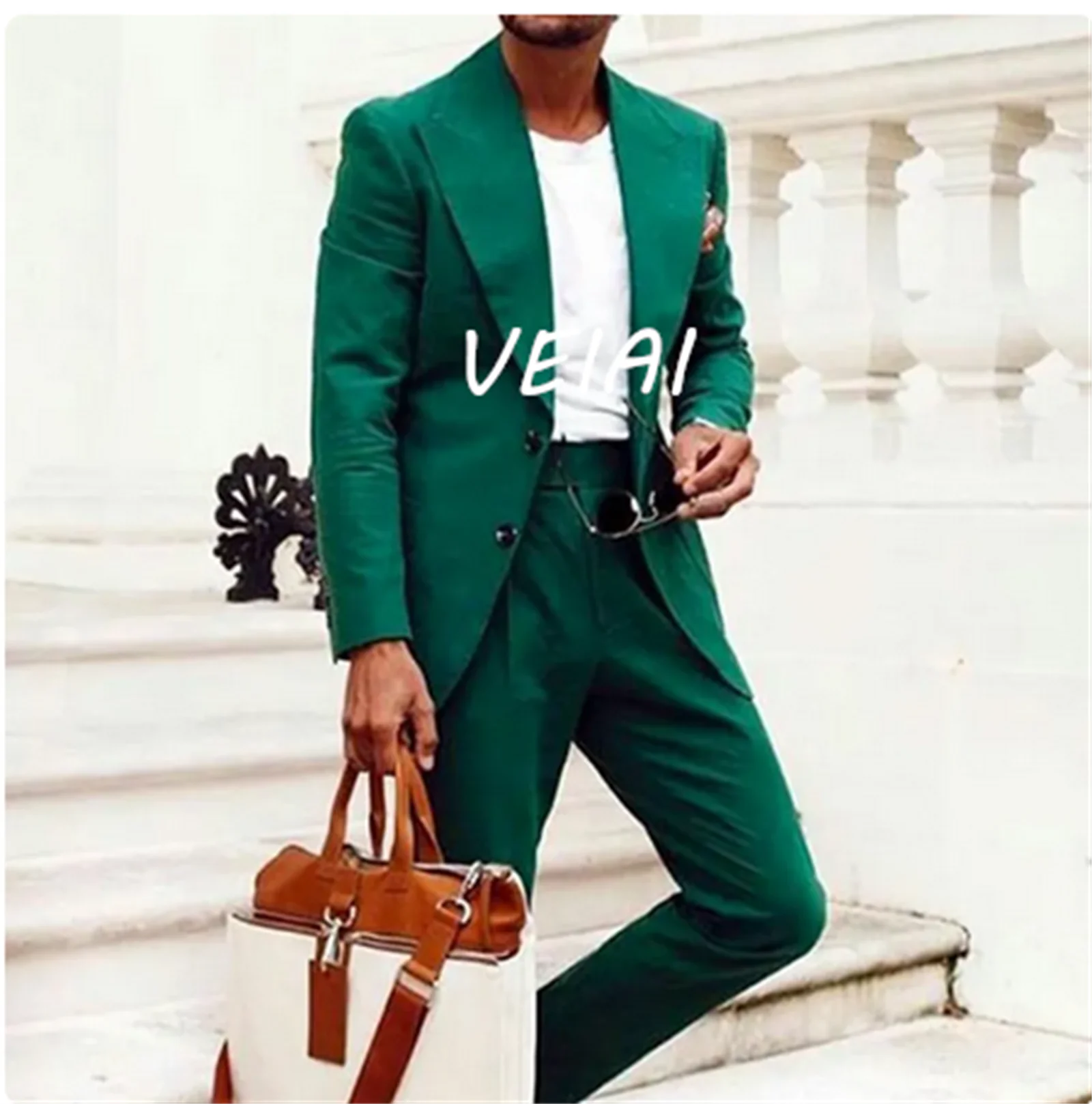 

2 piece Casual Men Suits for Wedding with Peaked Lapel Green Groomsmen TuxedoMan Fashion Clothes Set Jacket Pants