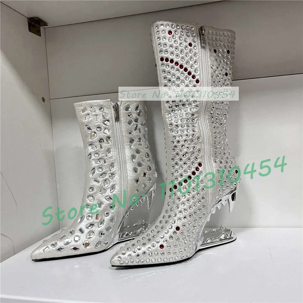 Silver Gems-set Toothed Heel Ankle Boots Women Trendy Chic Pointed Toe Sexy Booties Ladies Feminine Party Iridescence Shiny Shoe