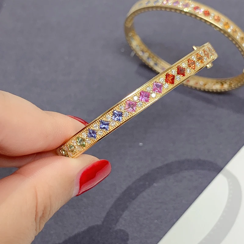 KUGG 100% 18K Yellow Gold Bangle Vintage Palace Style Luxury Diamond Natural Color Sapphire Bangle for Women Senior Banquet