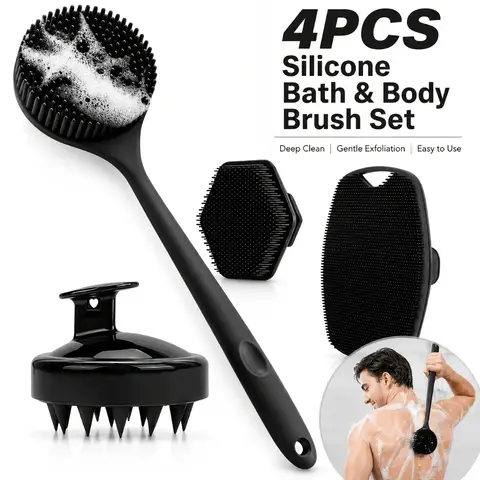 2/3/4Pcs Silicone Shower Brush Set Long Handled Back Washer Scalp Massage Comb Gentle Exfoliation Body Scrubber Deep Skin Clean