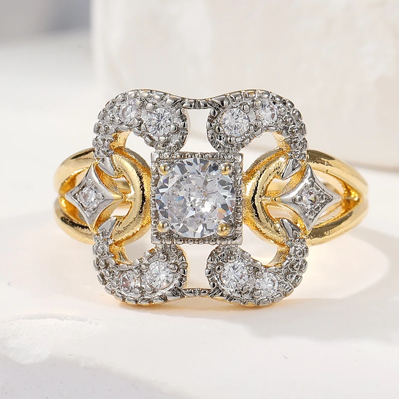Wunderschöner eingelegter weißer CZ-Damenring, trendiger zweifarbiger geometrischer Hohlring für den täglichen Gebrauch, Party-Schmuck, Jubiläumsgeschenk – Detail 1